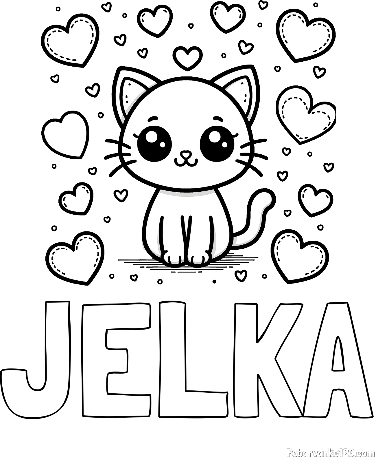 Pobarvanka imena JELKA in pobarvanka ljubke mucke obdane z veliko srčki