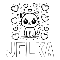 Online izdelana pobarvanka - Pobarvanka imena JELKA in pobarvanka ljubke mucke obdane z veliko srčki