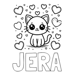 Online izdelana pobarvanka - Pobarvanka imena JERA in pobarvanka ljubke mucke obdane z veliko srčki