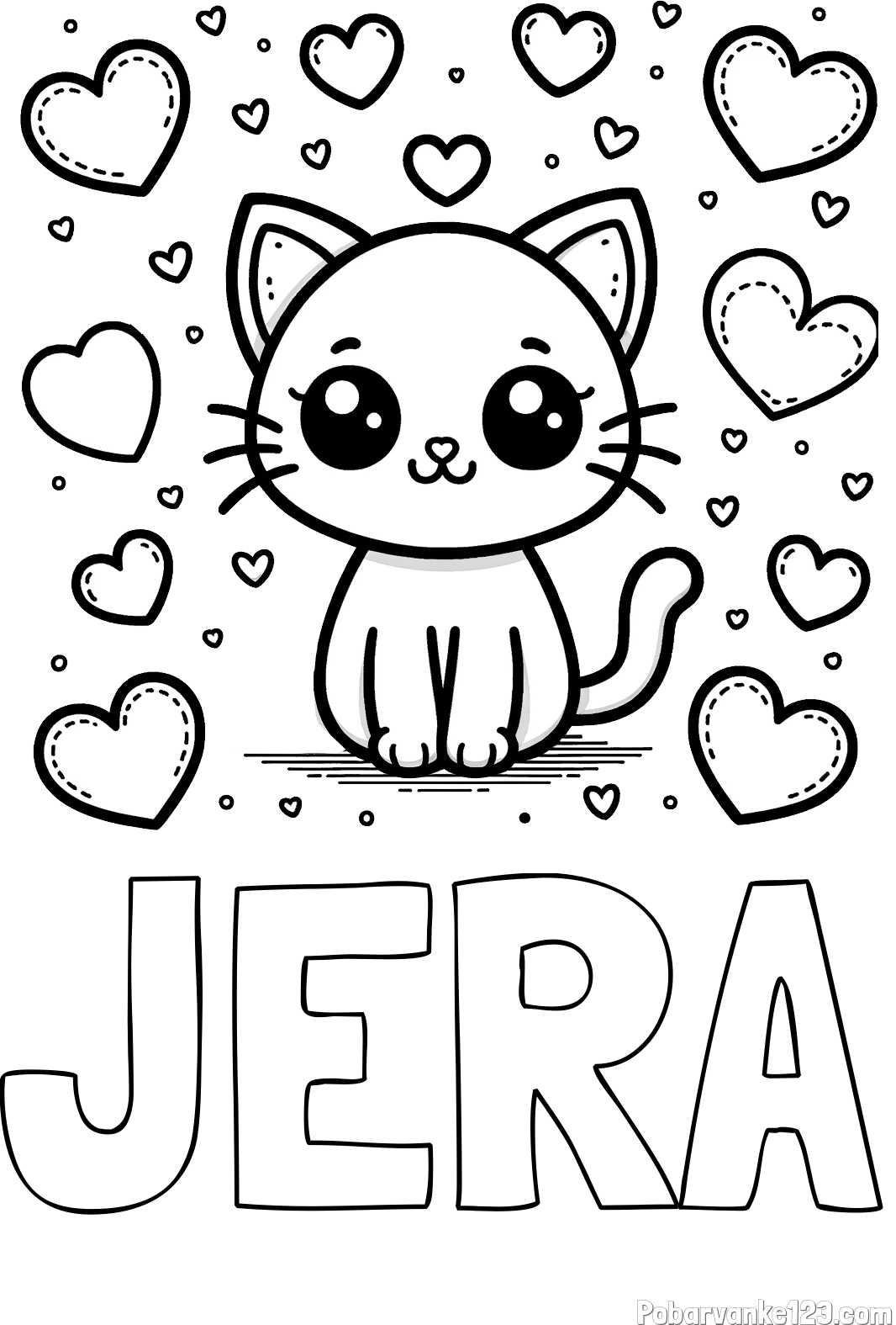 Pobarvanka imena JERA in pobarvanka ljubke mucke obdane z veliko srčki