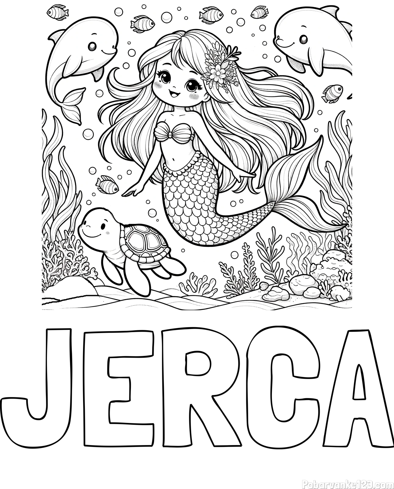 Pobarvanka imena JERCA in pobarvana ljubke morske deklice s prijatelji