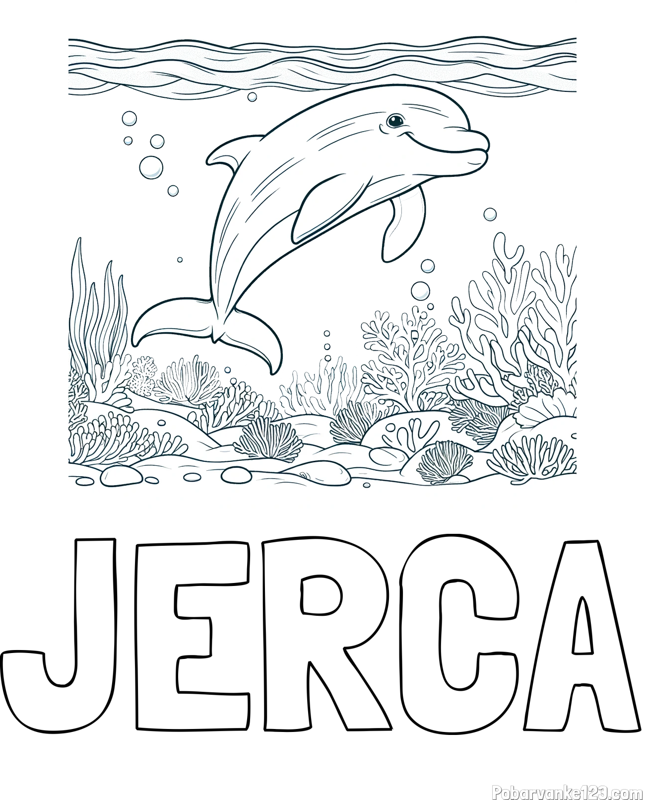 Pobarvanka imena JERCA in pobarvanka ljubkega delfina med plavanjem v morju