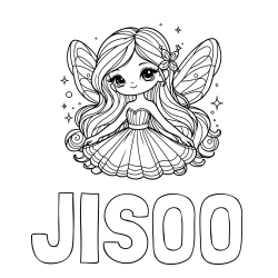 Online izdelana pobarvanka - Pobarvanka imena JISOO in pobarvanka ljubke in nasmejane čarobne vile