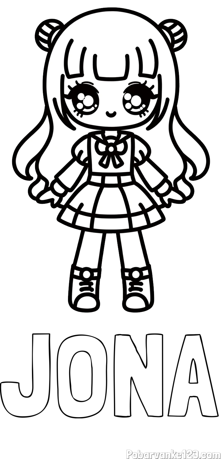 Pobarvanka imena JONA in otroška pobarvanka punčke v anime slogu