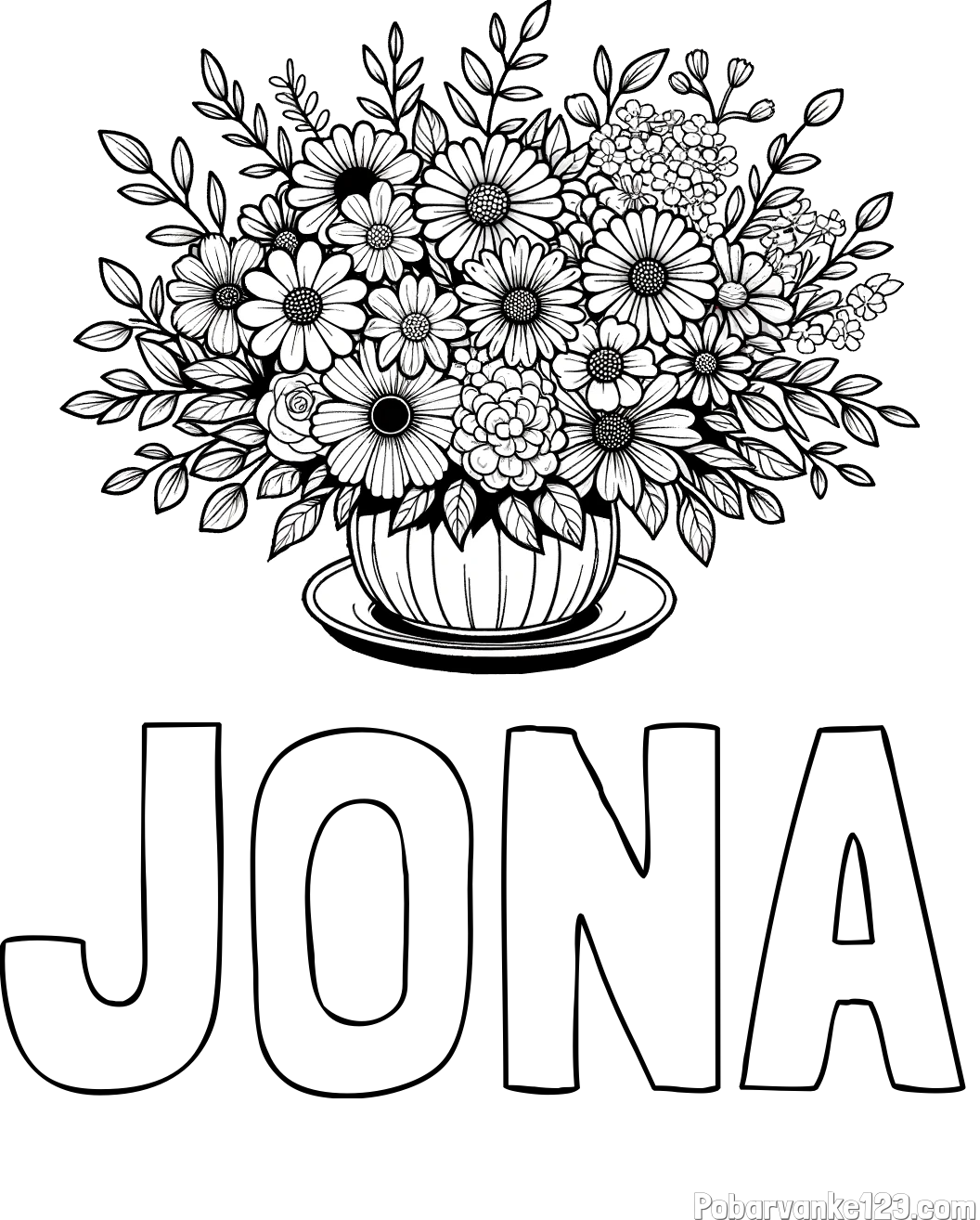 Pobarvanka imena JONA in pobarvanka velikega šopka rož