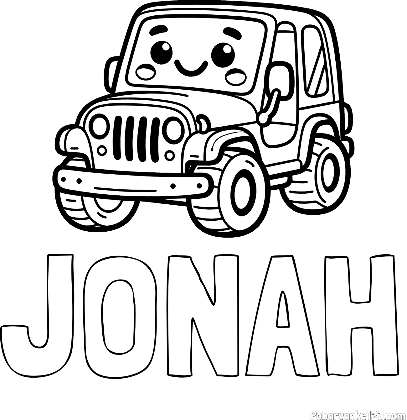 Pobarvanka imena JONAH in otroška pobarvanka ljubkega džipa