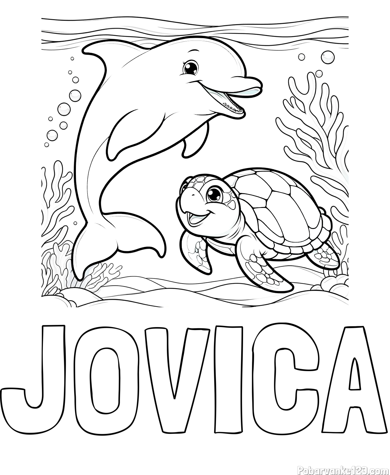 Pobarvanka imena JOVICA in pobarvanka ljubkega delfina z želvo v morju