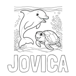 Online izdelana pobarvanka - Pobarvanka imena JOVICA in pobarvanka ljubkega delfina z želvo v morju
