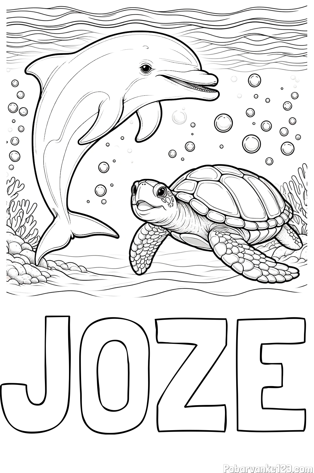 Pobarvanka imena JOŽE in pobarvanka ljubkega delfina in njegove prijateljice želve