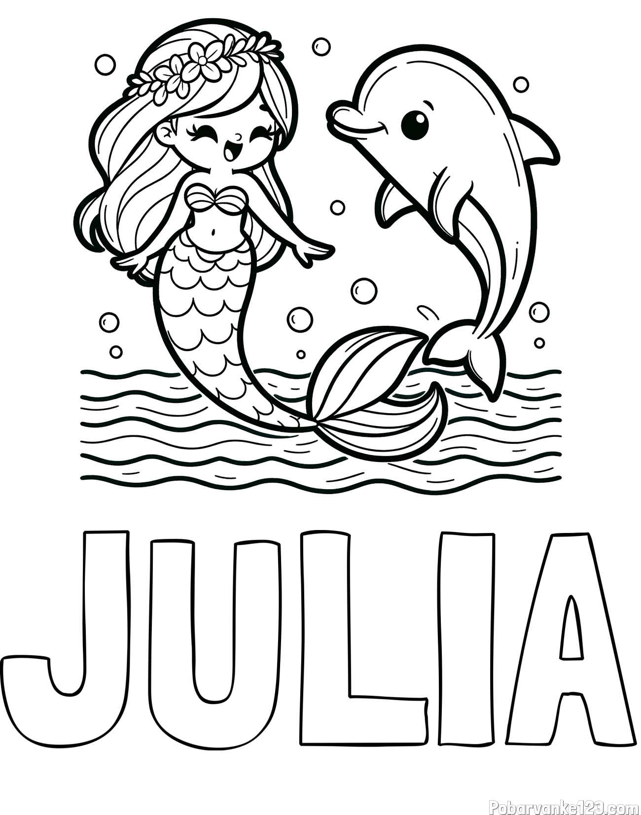Pobarvanka imena JULIA in pobarvanka ljubke morske deklice, ki pleše z delfinom
