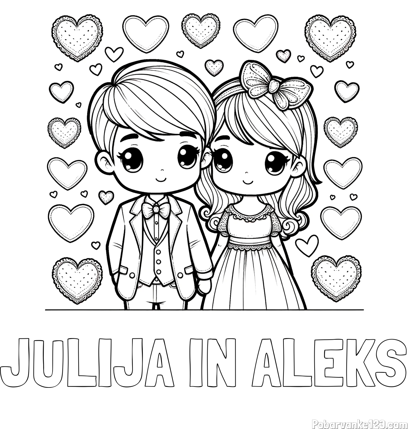 Pobarvanka imena JULIJA IN ALEKS in pobarvanka dveh zaljubljencev s srčki
