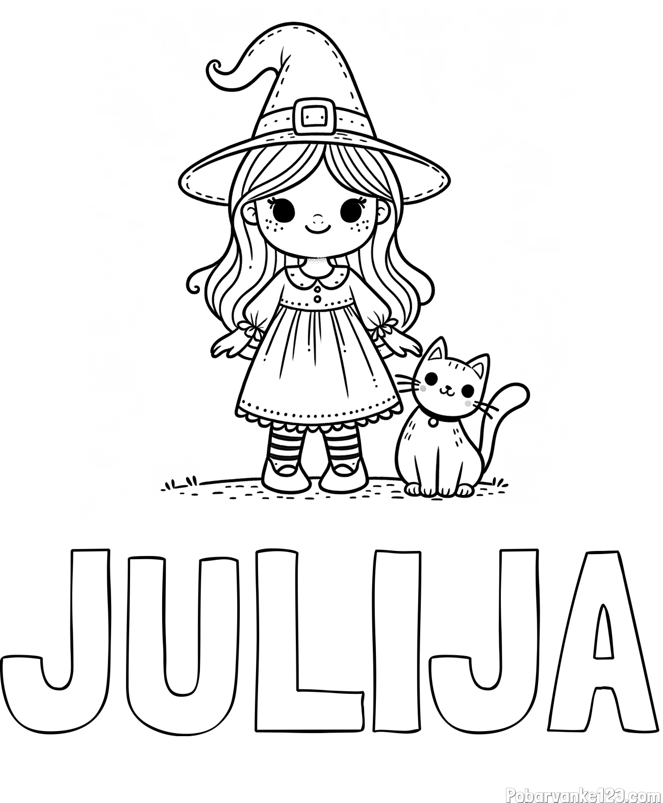 Pobarvanka imena JULIJA in Čudovita pobarvanka ljubke čarovnice in nasmejane mačke
