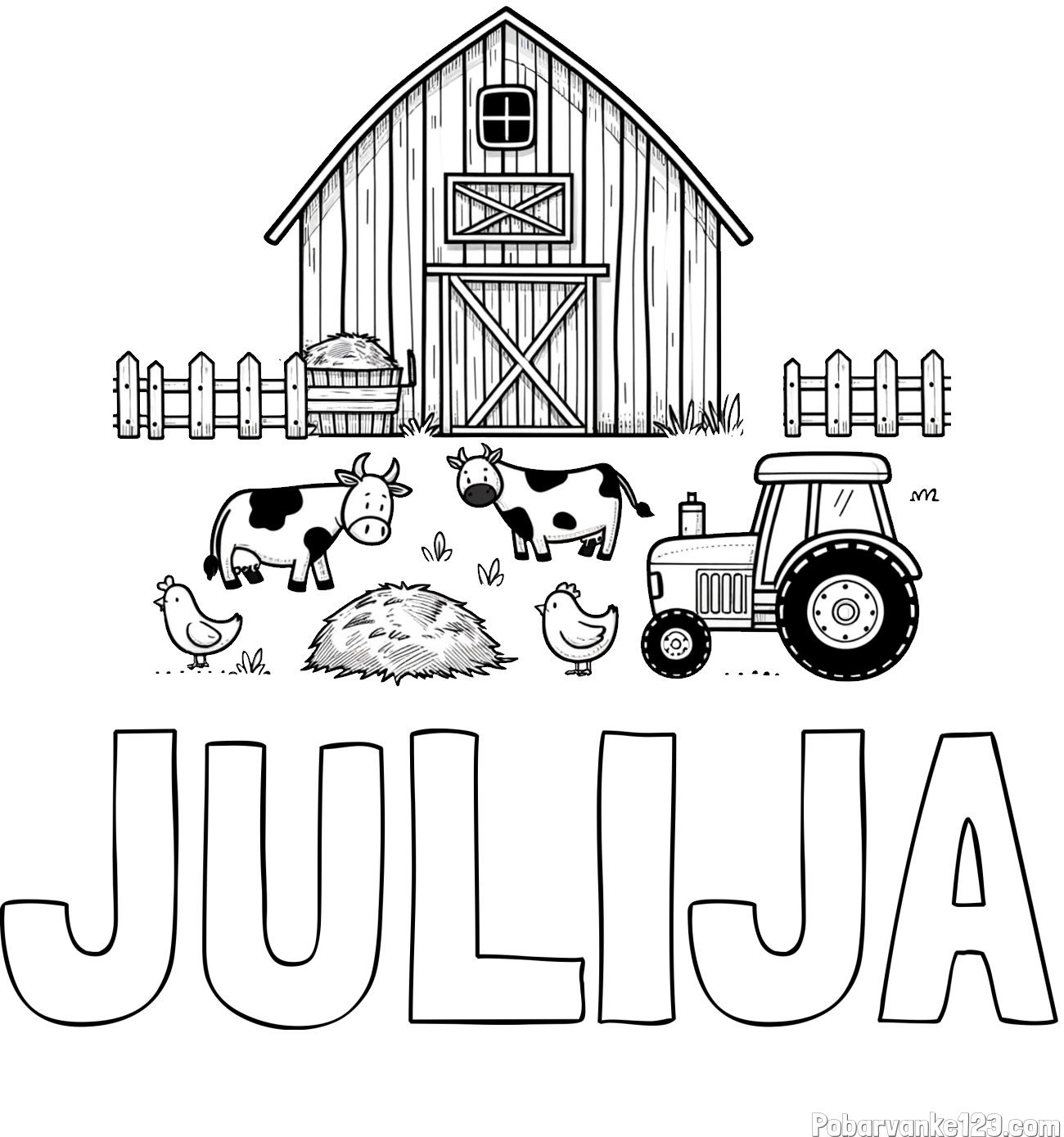 Pobarvanka imena JULIJA in otroška pobarvanka velikega senika, krav in traktorja