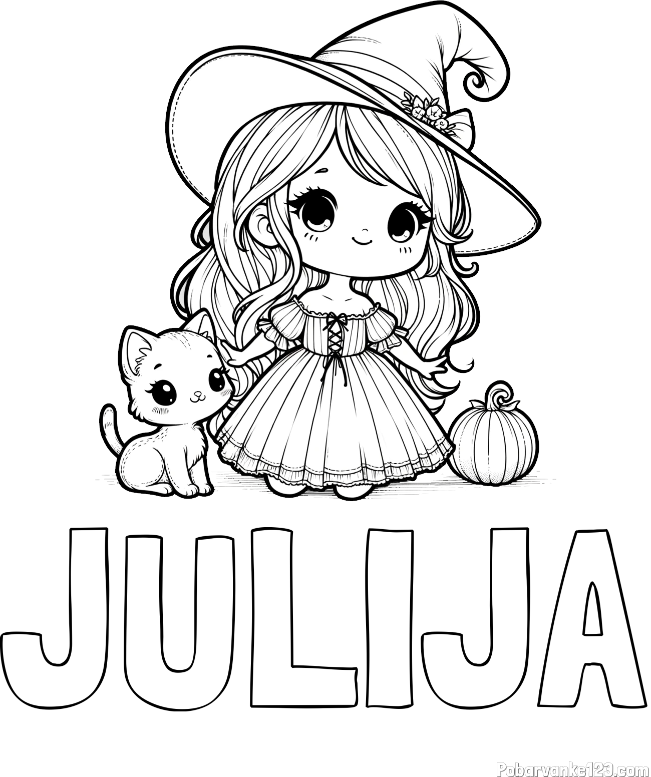 Pobarvanka imena JULIJA in pobarvanka ljubke čarovnice, muce in buče