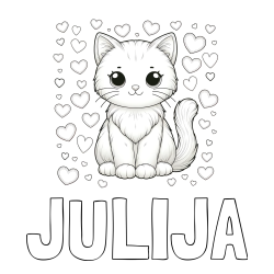 Pobarvanka imena JULIJA in pobarvanka ljubke mucke obdane s srčki