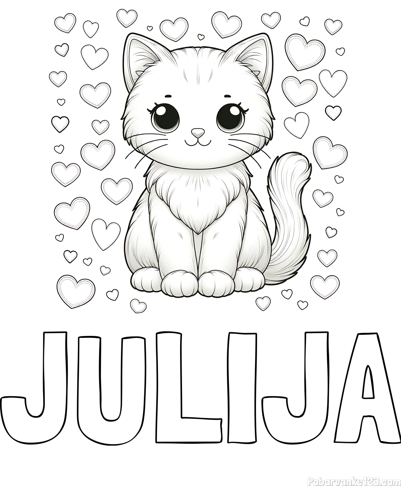 Pobarvanka imena JULIJA in pobarvanka ljubke mucke obdane s srčki