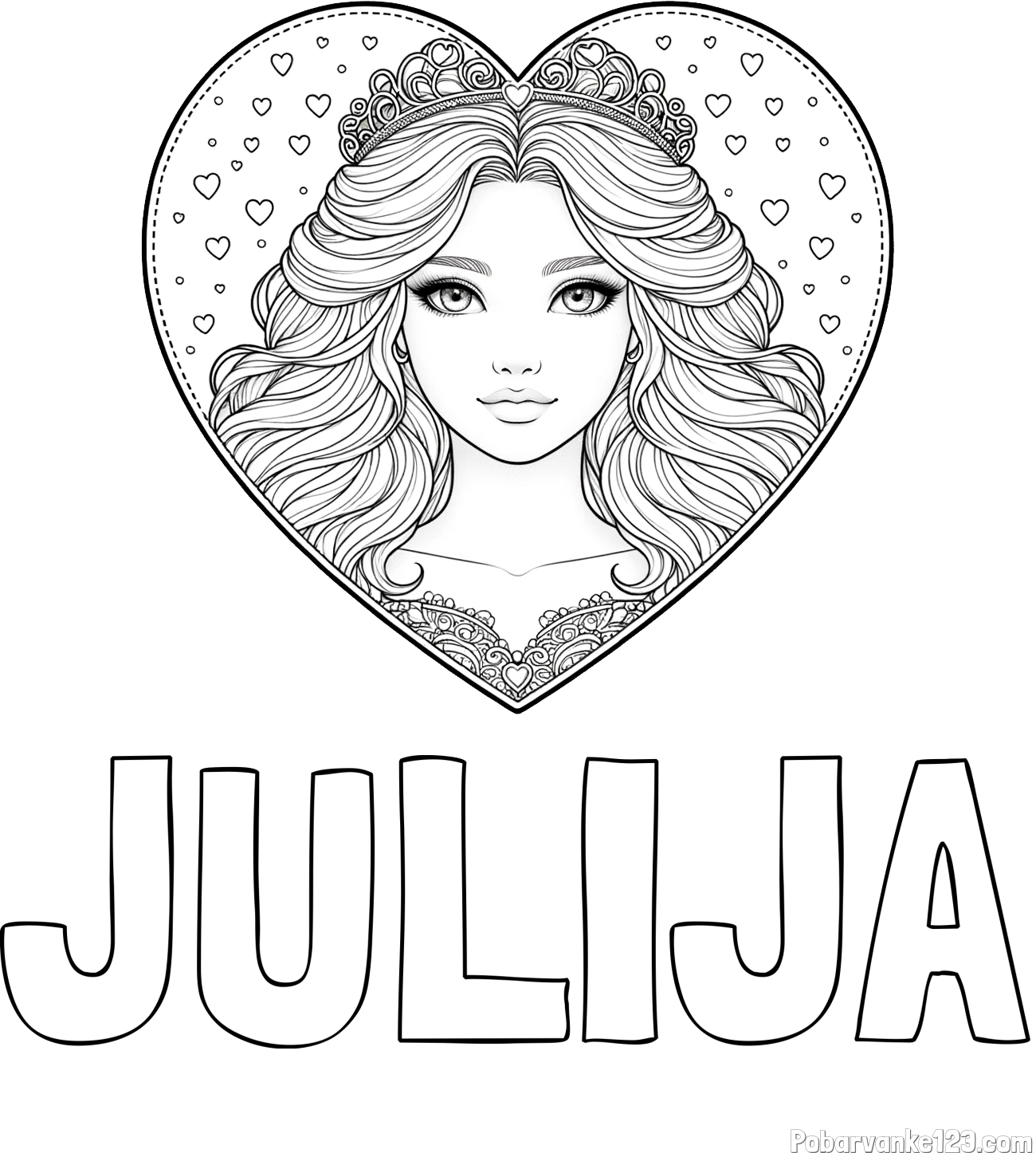 Pobarvanka imena JULIJA in pobarvanka ljubke princese v srčku