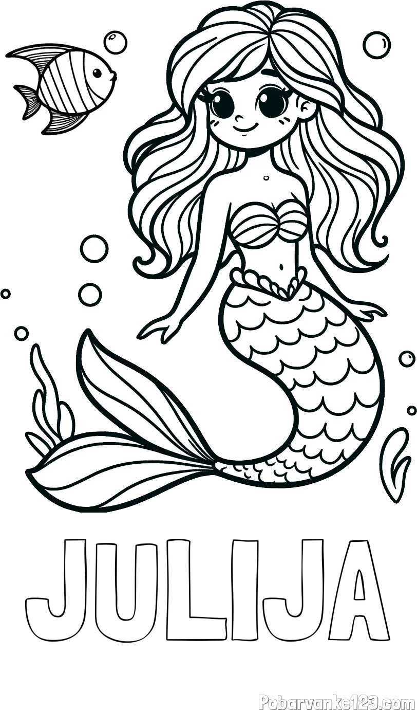 Pobarvanka imena JULIJA in pobarvanka male morske deklice in ribice
