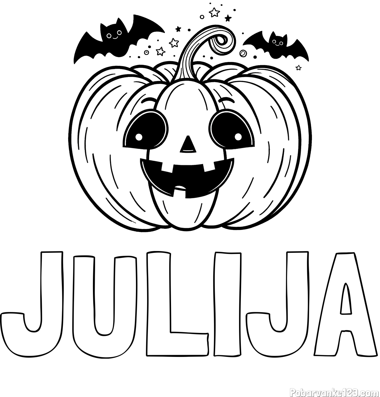 Pobarvanka imena JULIJA in pobarvanka nasmejane buče ter dveh netopirjev za noč čarovnic