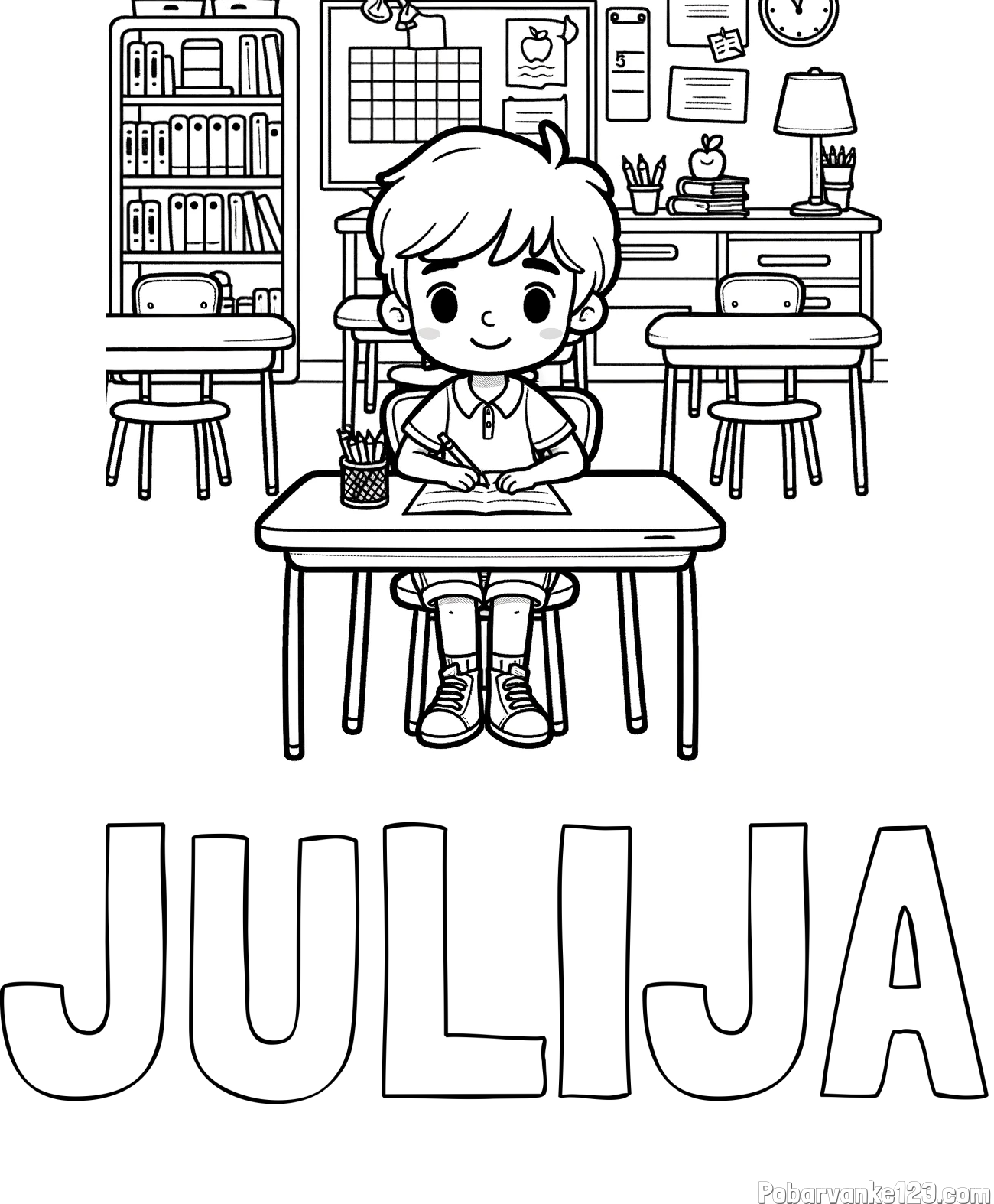 Pobarvanka imena JULIJA in pobarvanka učenca v učilnici