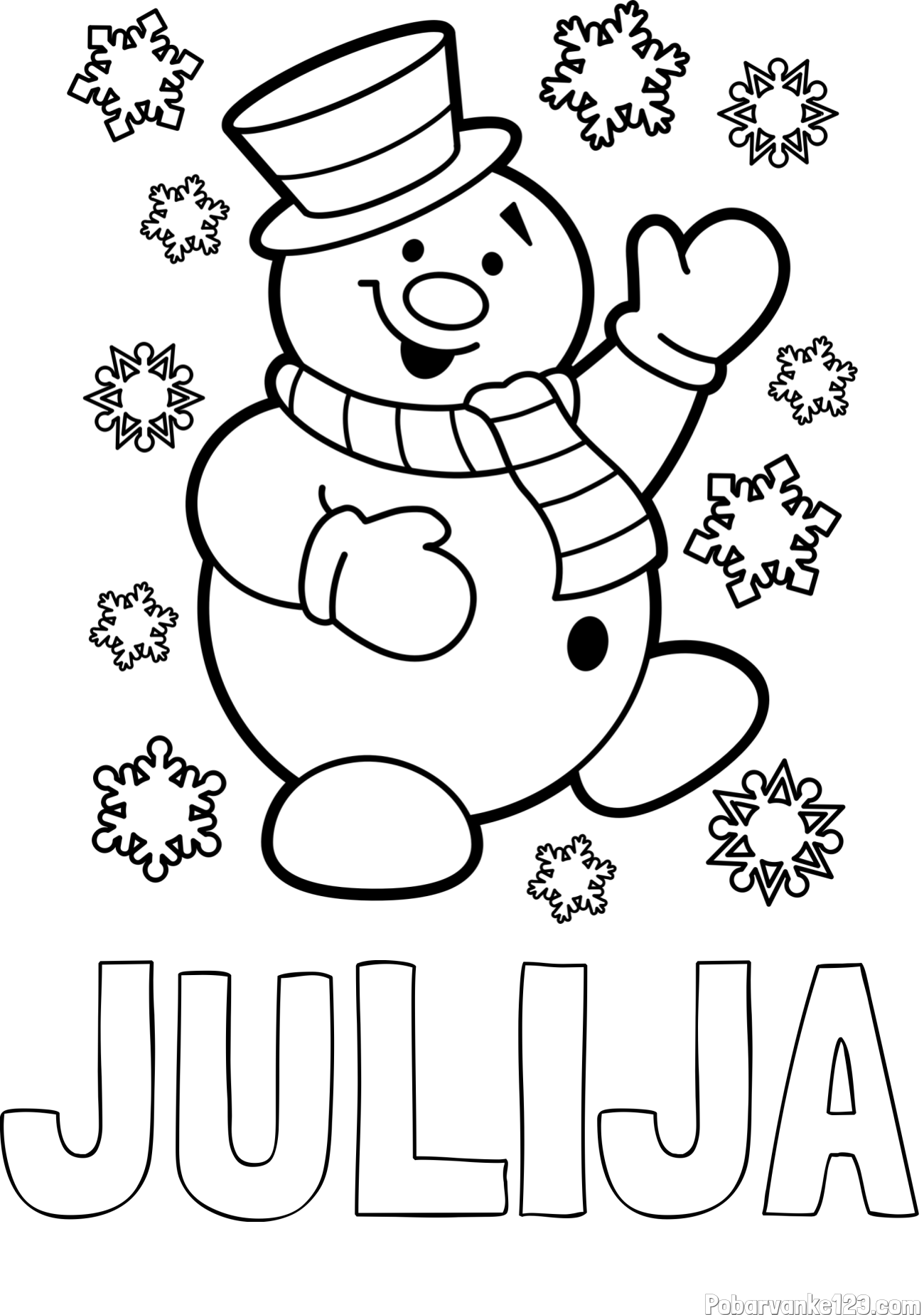 Pobarvanka imena JULIJA in pobarvanka veselega snežaka