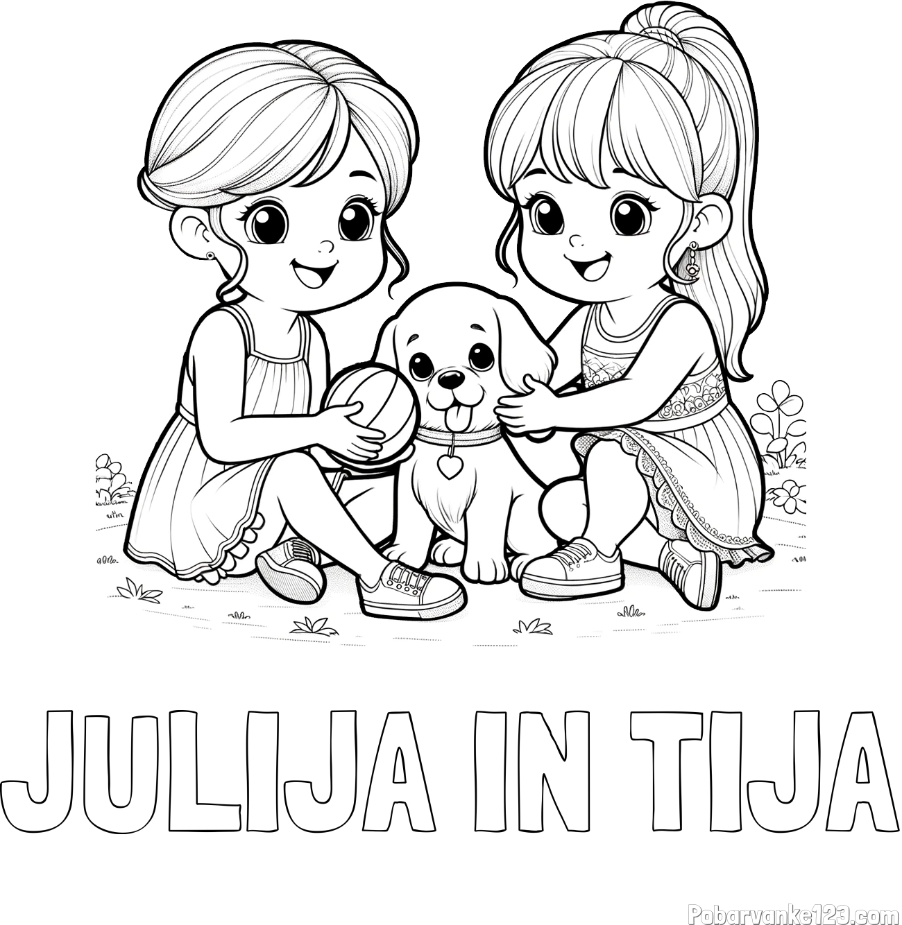 Pobarvanka imena JULIJA IN TIJA in pobarvanka prijateljic s kužkom