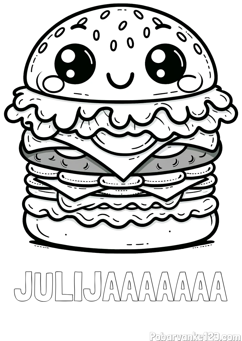 Pobarvanka imena JULIJAAAAAAA in otroška pobarvanka nasmejanega hamburgerja