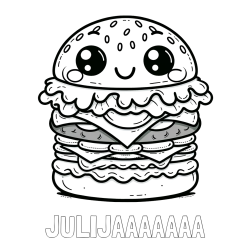 Online izdelana pobarvanka - Pobarvanka imena JULIJAAAAAAA in otroška pobarvanka nasmejanega hamburgerja