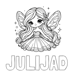Online izdelana pobarvanka - Pobarvanka imena JULIJAĐ in pobarvanka ljubke in nasmejane čarobne vile