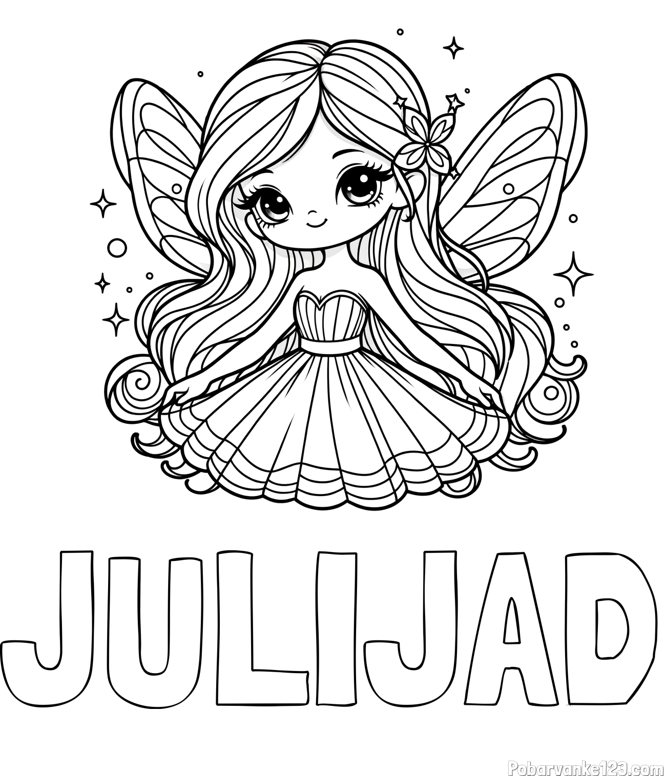 Pobarvanka imena JULIJAĐ in pobarvanka ljubke in nasmejane čarobne vile