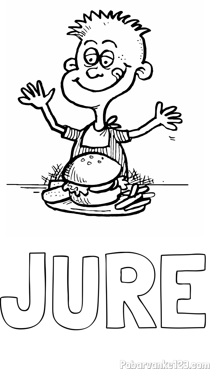 Pobarvanka imena JURE in pobarvanka otroka, ki je slastni hamburger z ocvrtim krompirčkom