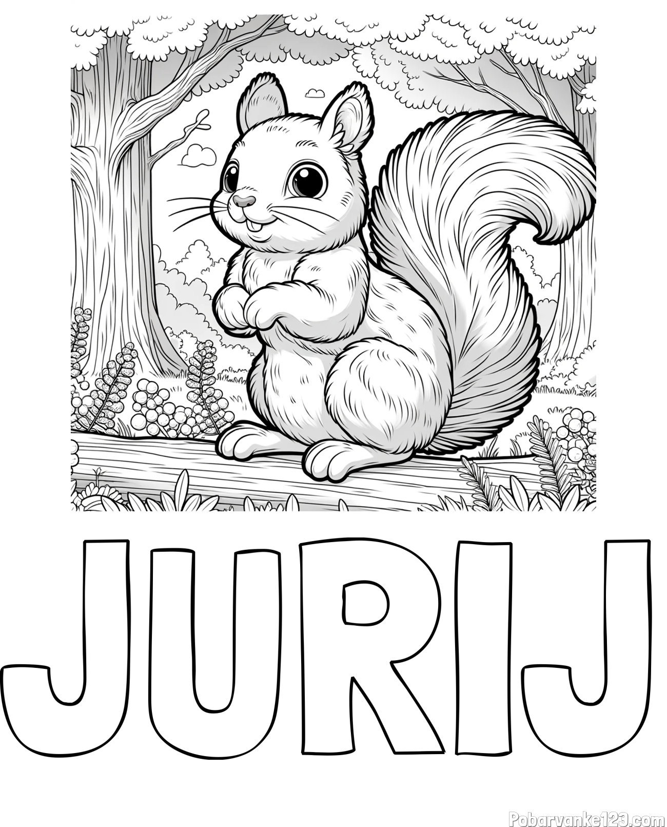 Pobarvanka imena JURIJ in pobarvanka veverice v gozdu