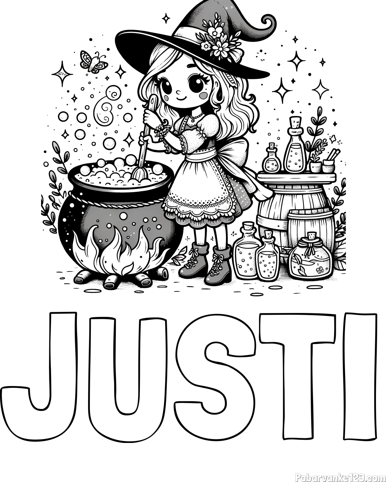 Pobarvanka imena JUSTI in pobarvanka prikupna čarovnica, ki pripravlja čarobni napoj