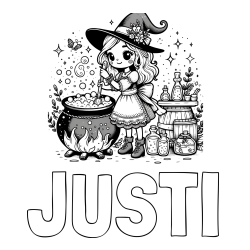 Online izdelana pobarvanka - Pobarvanka imena JUSTI in pobarvanka prikupna čarovnica, ki pripravlja čarobni napoj