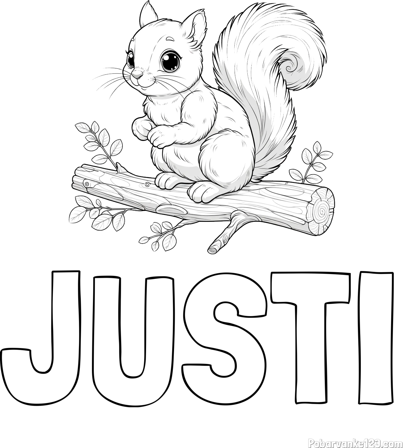 Pobarvanka imena JUSTI in pobarvanka veverice na veji