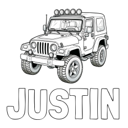 Online izdelana pobarvanka - Pobarvanka imena JUSTIN in pobarvanka džipa