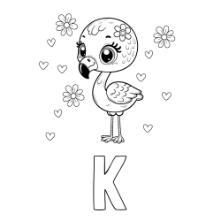 Online izdelana pobarvanka - Pobarvanka imena K in pobarvanka mladička flaminga z rožicami in srčki