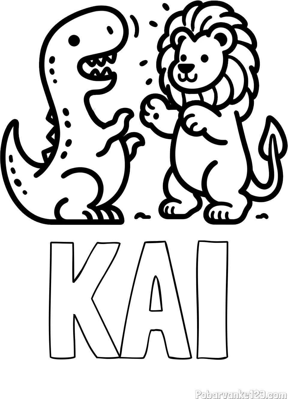 Pobarvanka imena KAI in pobarvanka dinozavra, ki napada leva