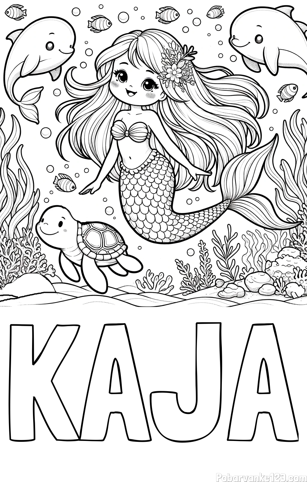 Pobarvanka imena KAJA in pobarvana ljubke morske deklice s prijatelji