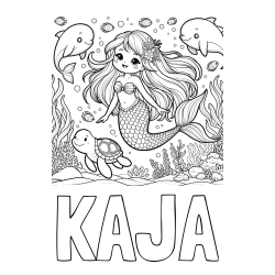 Pobarvanka imena KAJA in pobarvana ljubke morske deklice s prijatelji