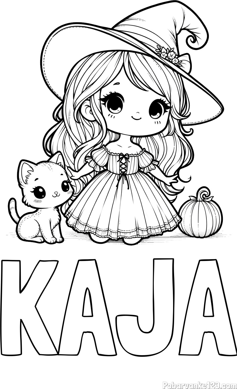 Pobarvanka imena KAJA in pobarvanka ljubke čarovnice, muce in buče