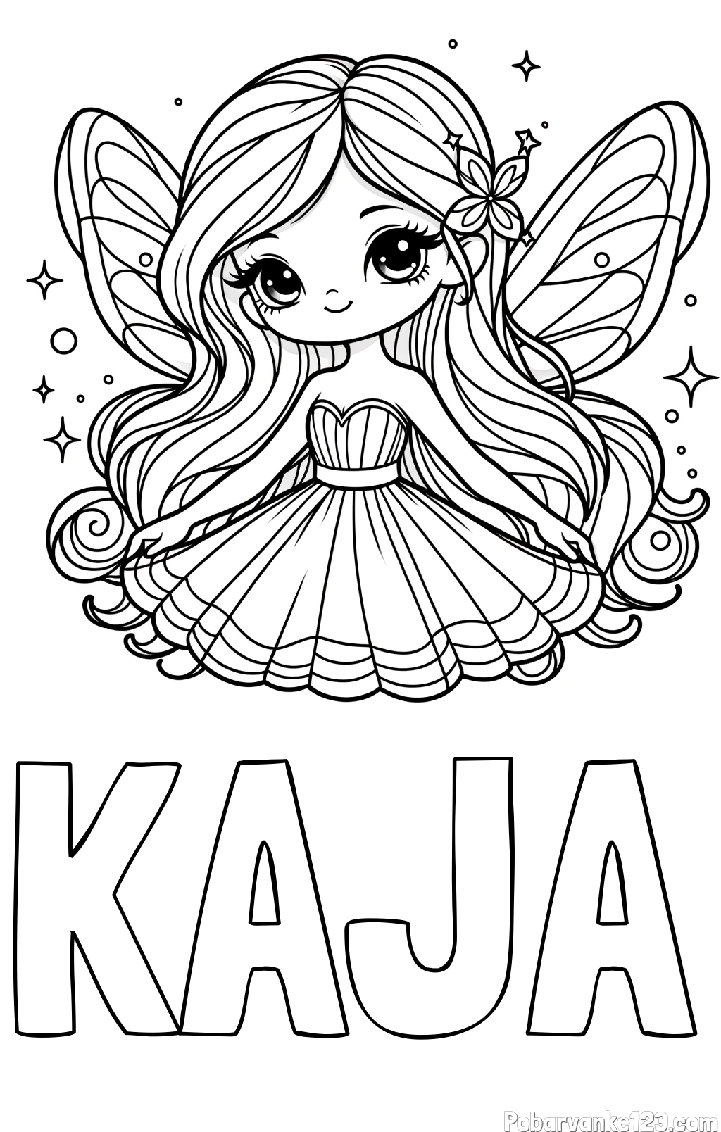 Pobarvanka imena KAJA in pobarvanka ljubke in nasmejane čarobne vile