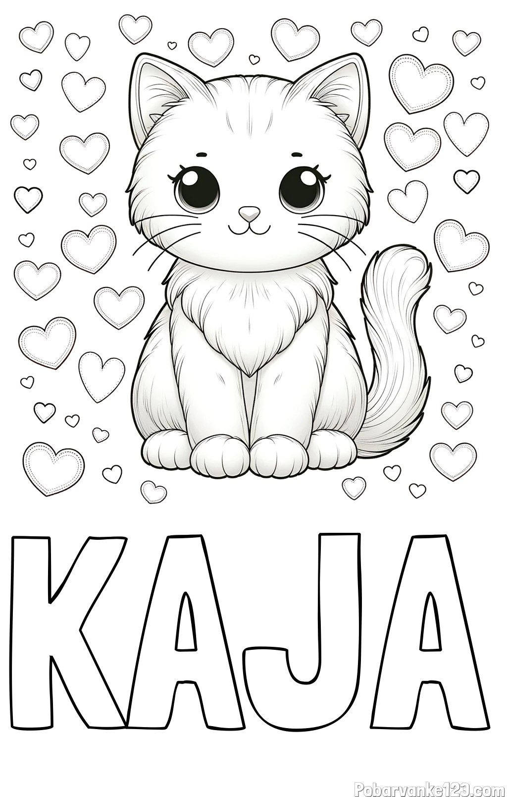 Pobarvanka imena KAJA in pobarvanka ljubke mucke obdane s srčki