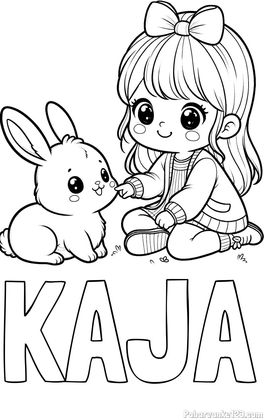 Pobarvanka imena KAJA in pobarvanka ljubke punčke, ki se igra z zajčkom