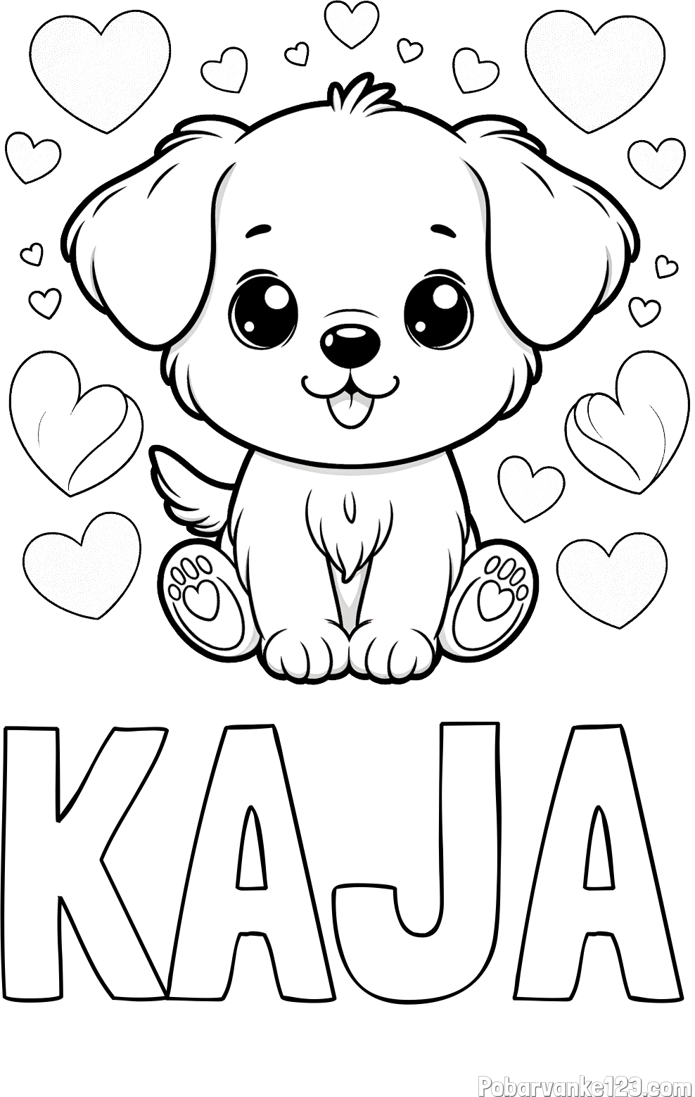 Pobarvanka imena KAJA in pobarvanka ljubkega kužka obdanega s srčki