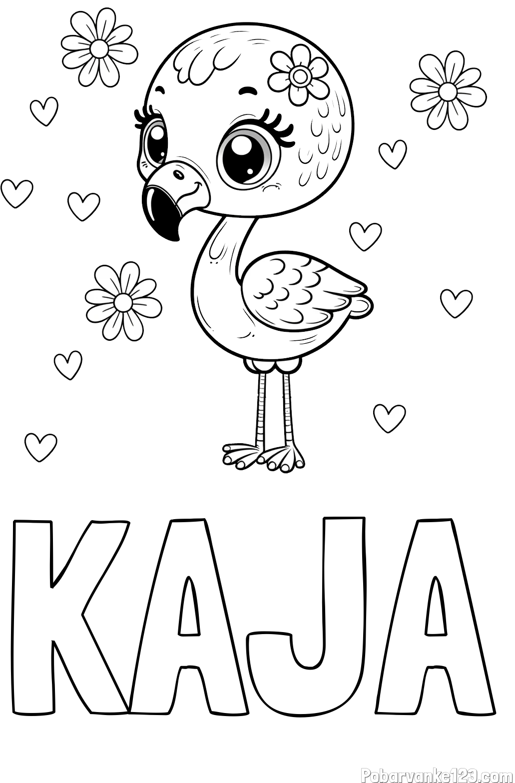 Pobarvanka imena KAJA in pobarvanka mladička flaminga z rožicami in srčki
