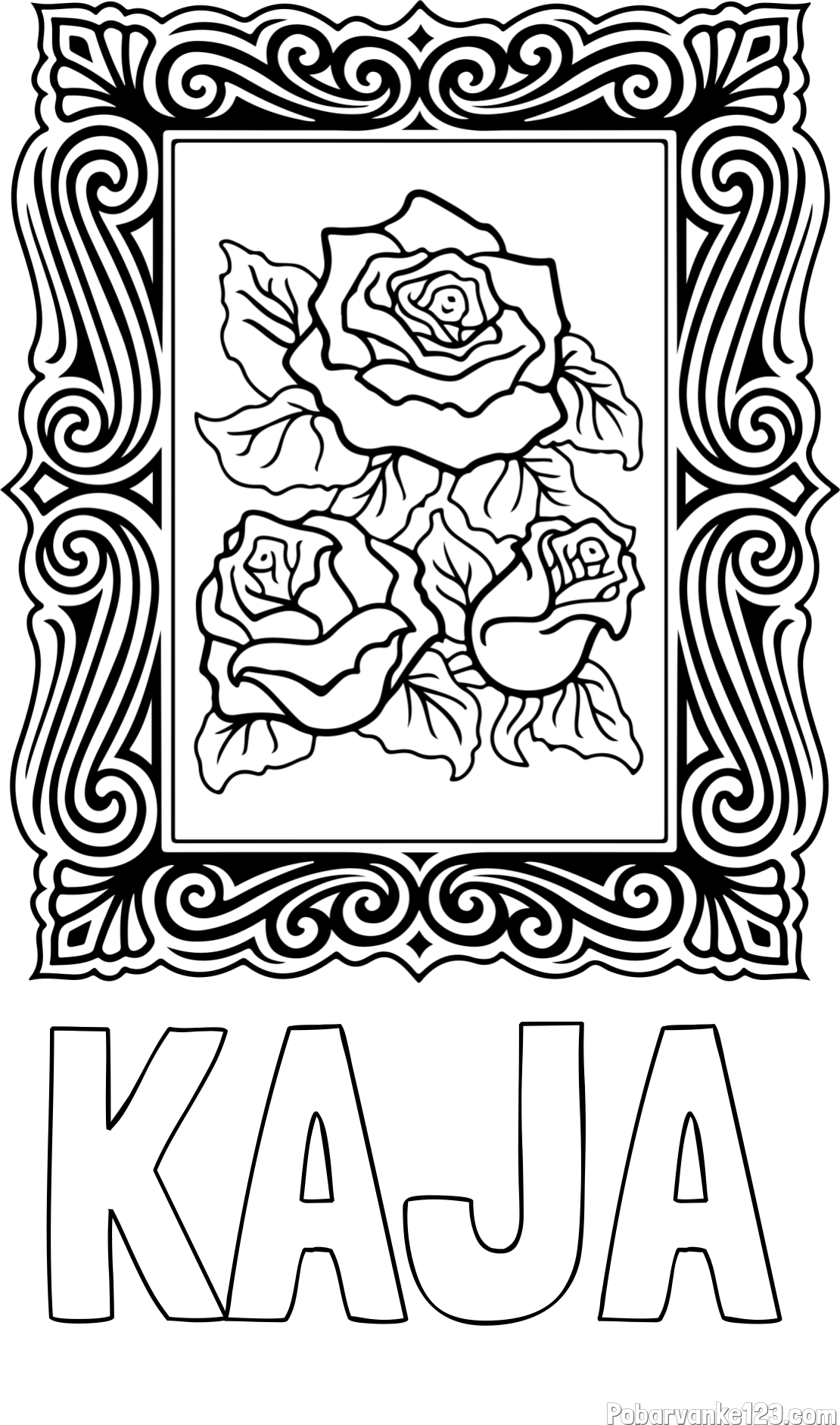 Pobarvanka imena KAJA in pobarvanka  uokvirjene slike vrtnic