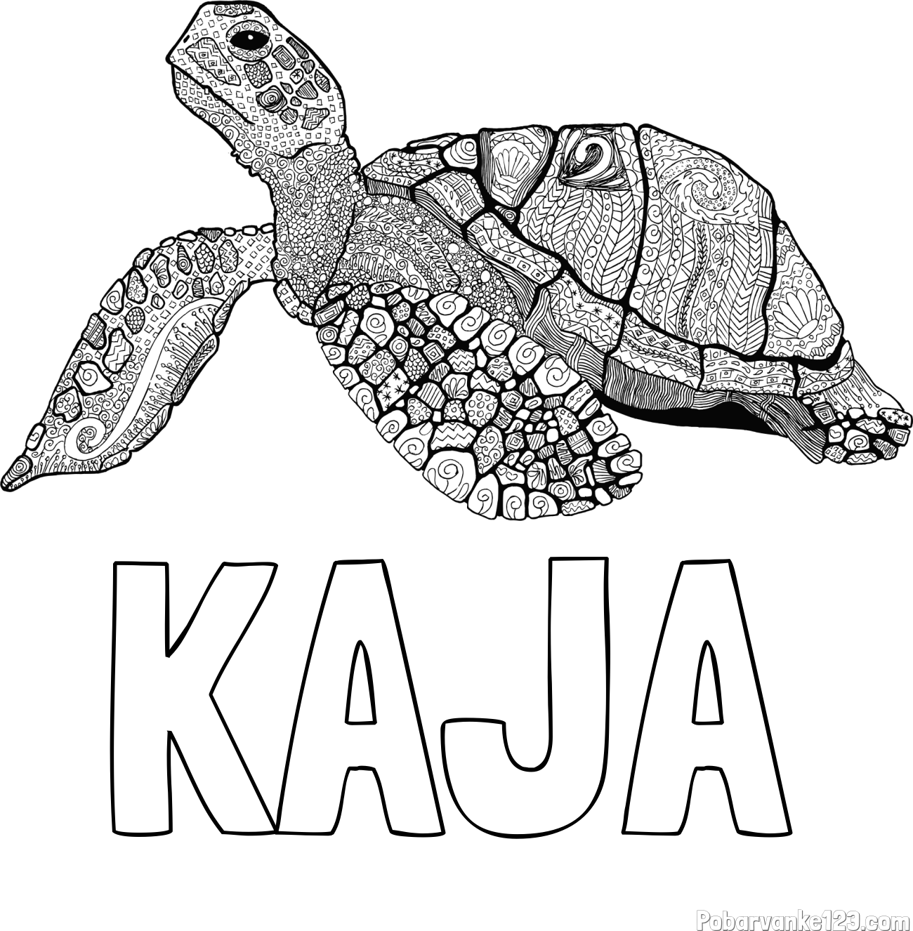 Pobarvanka imena KAJA in pobarvanka velike želve - mandale