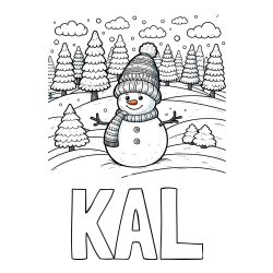 Online izdelana pobarvanka - Pobarvanka imena KAL in pobarvanka snežaka v naravi obdanega z zasneženimi smrekami