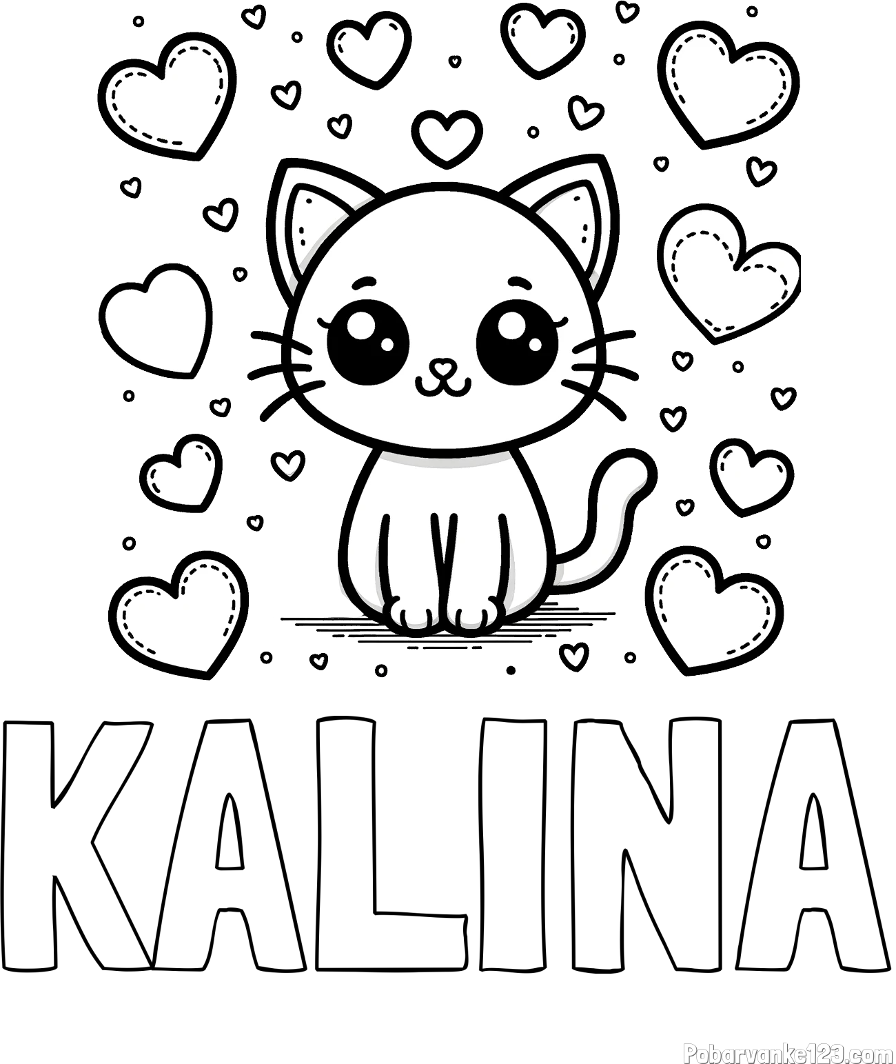 Pobarvanka imena KALINA in pobarvanka ljubke mucke obdane z veliko srčki